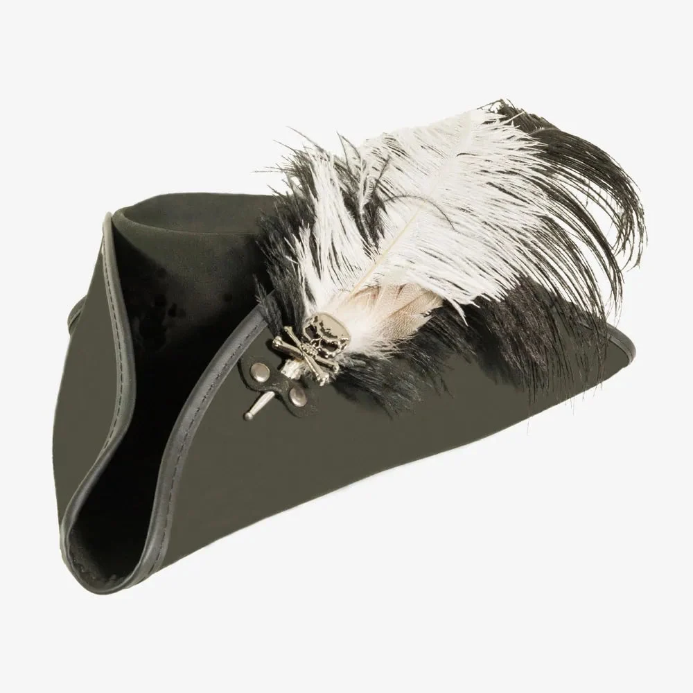 Barbossa | Womens Black Leather Tricorn Hat with Feather Plume
