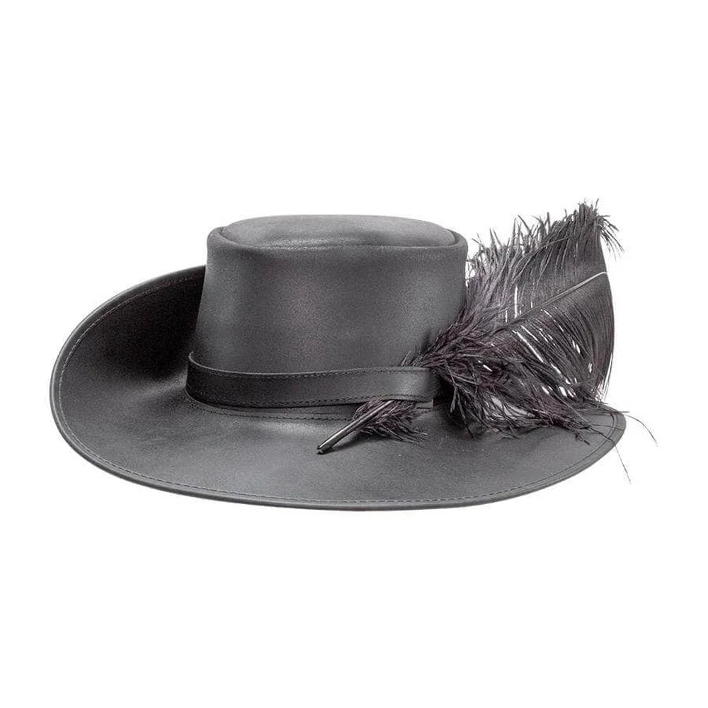 Cavalier | Mens Black Renaissance Fair Leather Hat with Feather