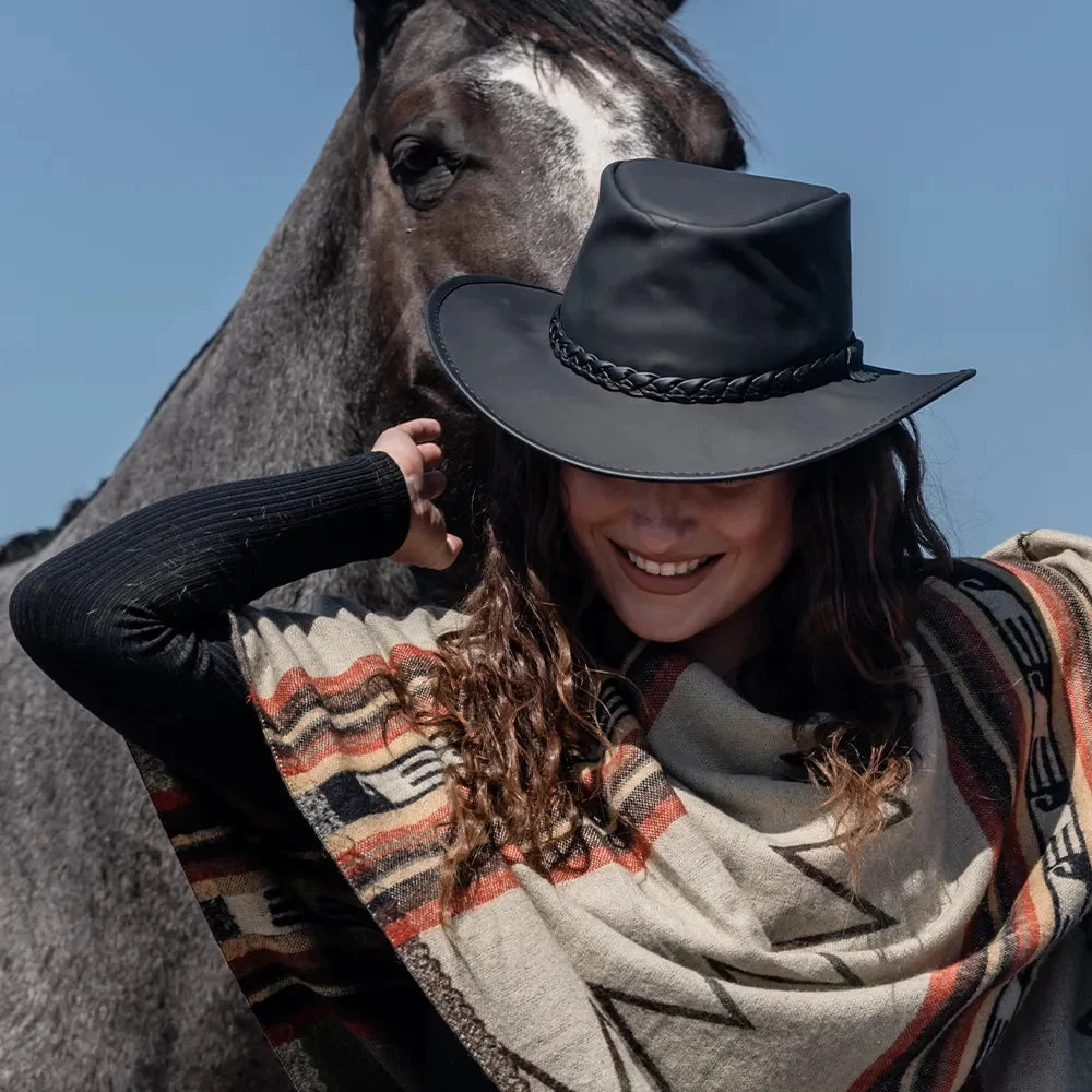 Crusher | Womens Black Leather Crushable Outback Hat