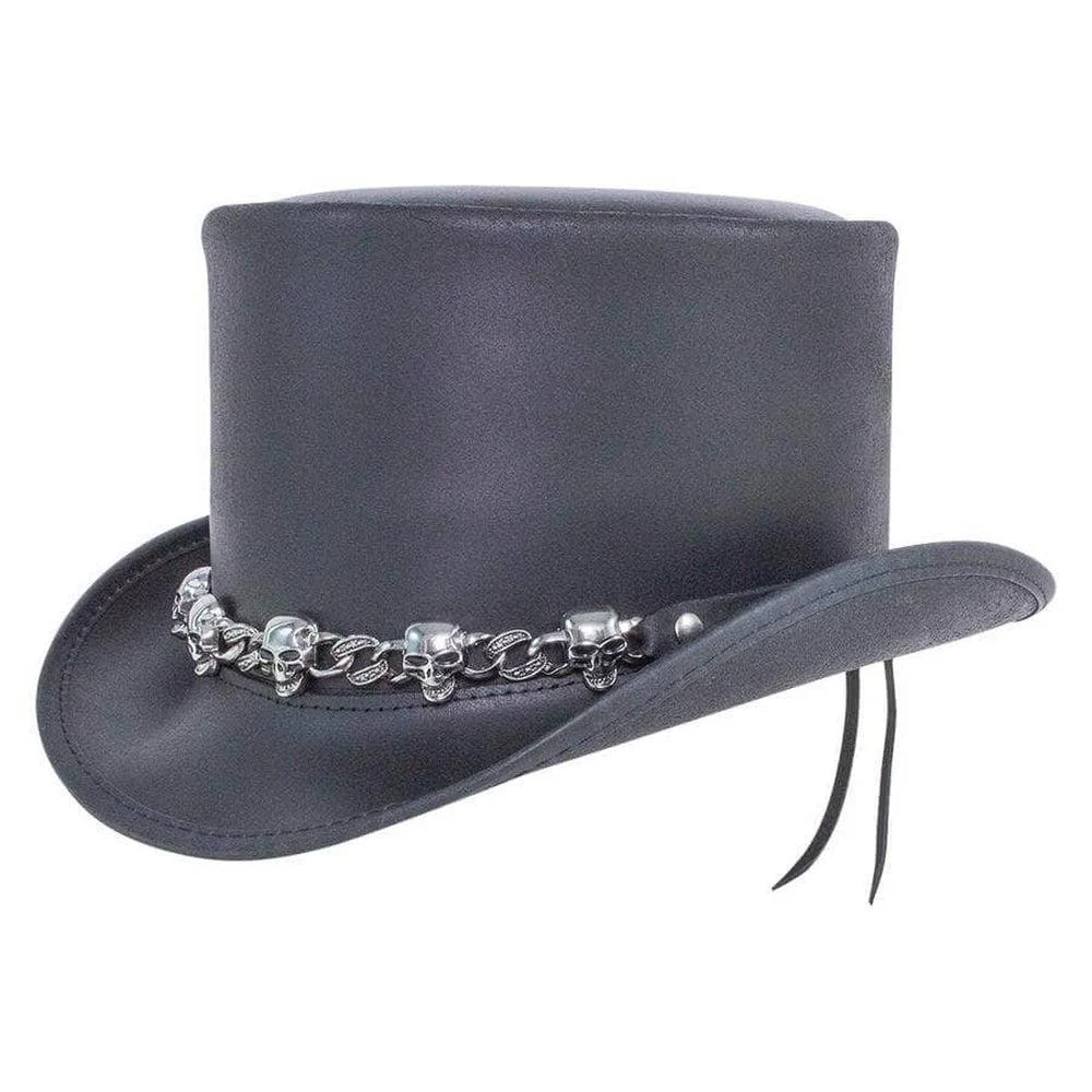 El Dorado 5 Skull | Mens Black Leather Top Hat with 5 Skull Hat Band