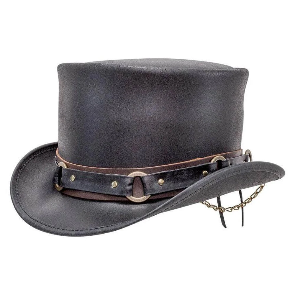 El Dorado SR2 | Mens Black Leather Top Hat with SR2 Hat Band