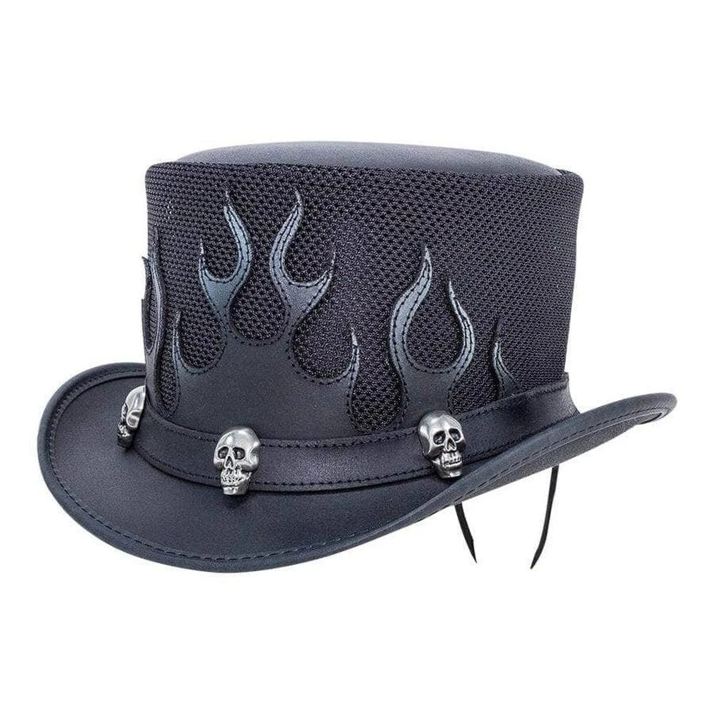 Flames | Mens Black Biker Leather Top Hat with Skull Hat Band