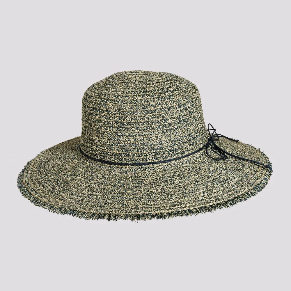 Joy | Womens Navy Sewn Paper Braid Sun Hat with Fringe Edge