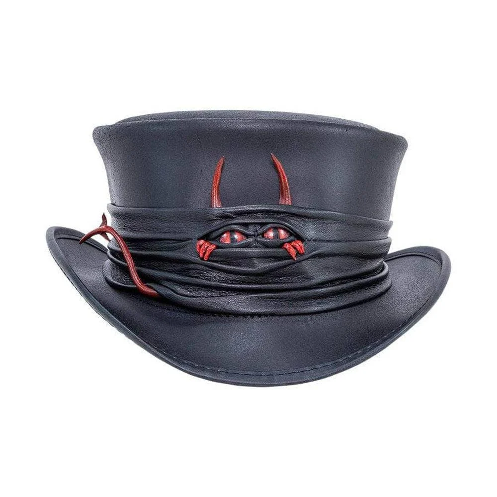 Marlow | Mens Black Leather Top Hat with Lil Evil Hat Band