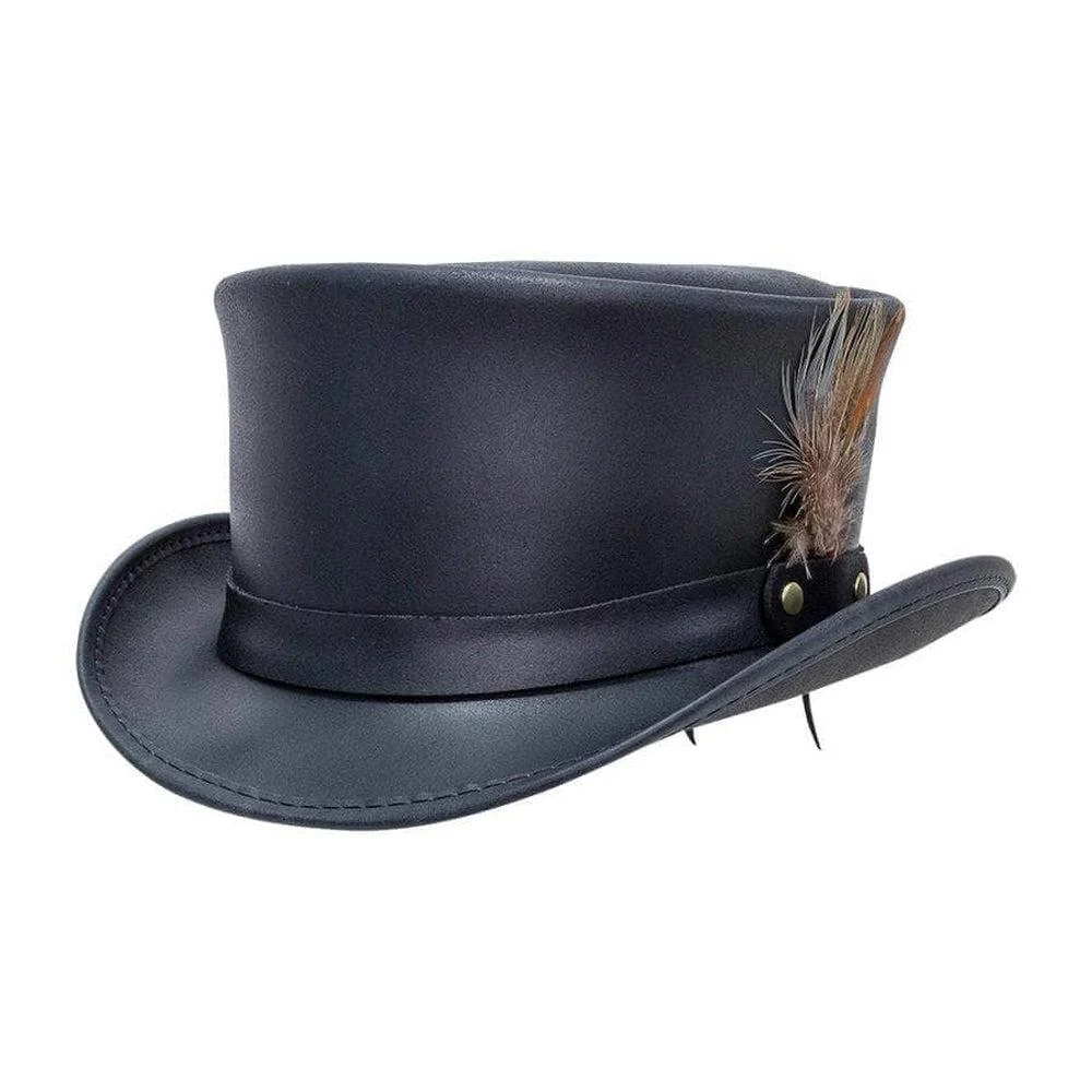 Marlow | Mens Black Leather Top Hat with LT Hat Band