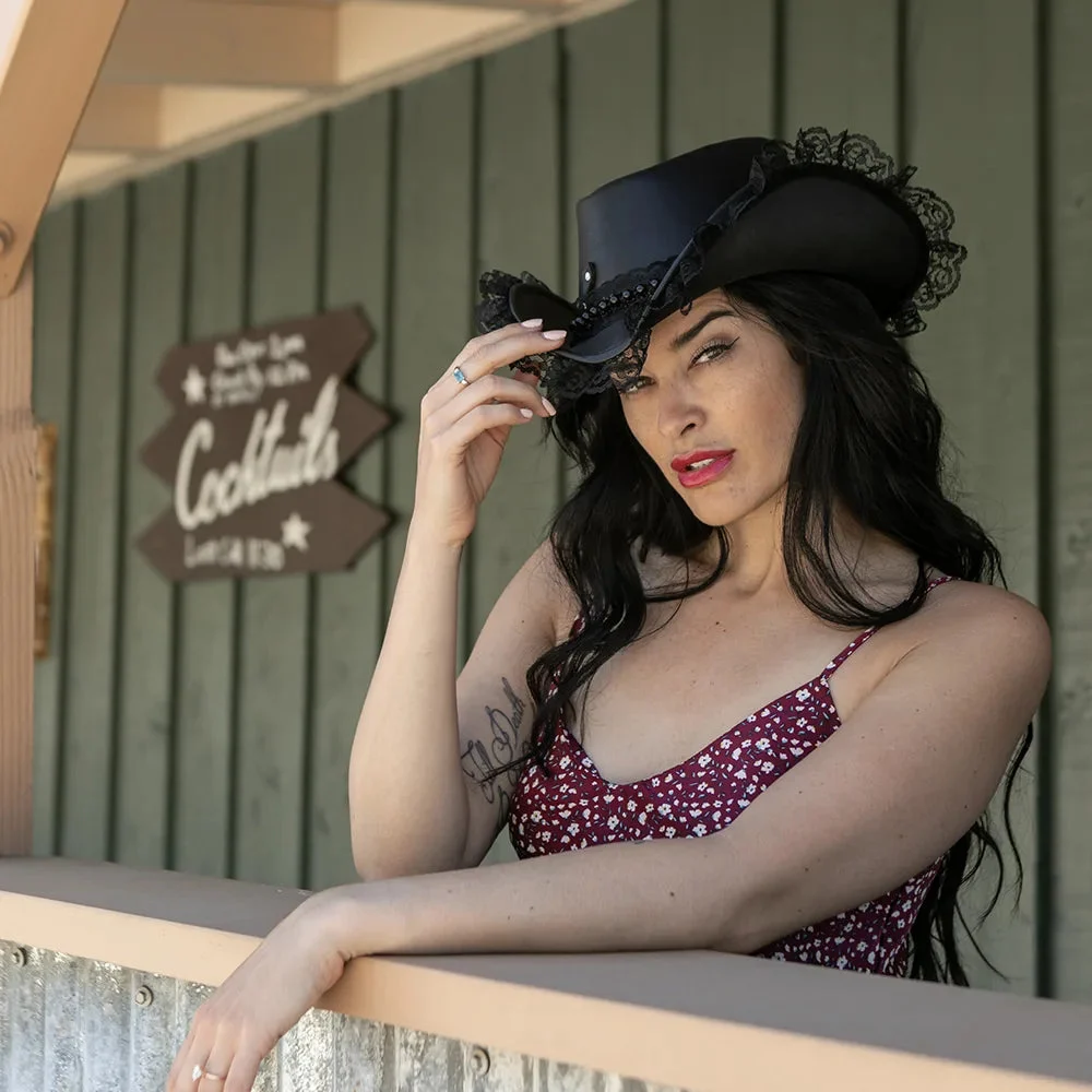 Posh | Womens Black Genuine Leather and Lace Steampunk Top Hat